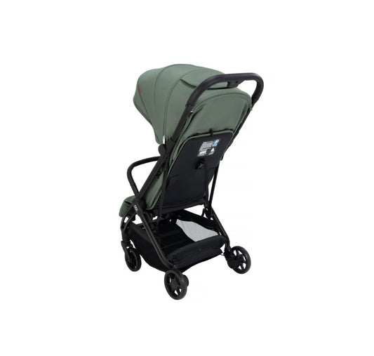A compact stroller in sage green fabric with a black frame and wheels, shown from a three-quarters angle on a solid white background.