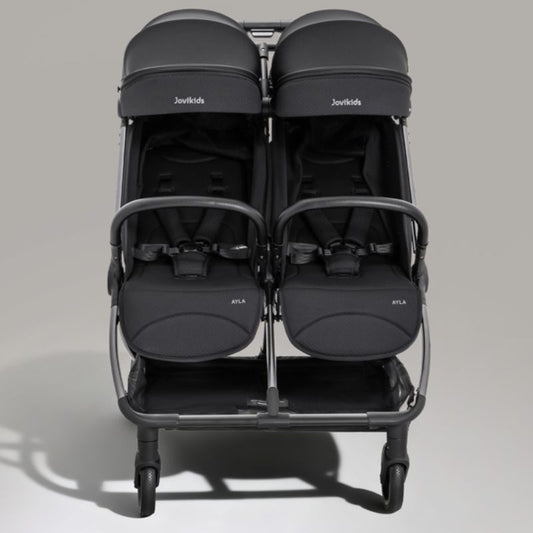 JoviKids Ayla Twin Lightweight Double Stroller | Compact Auto Fold Pushchair | Cabin Ready - Urban Black
