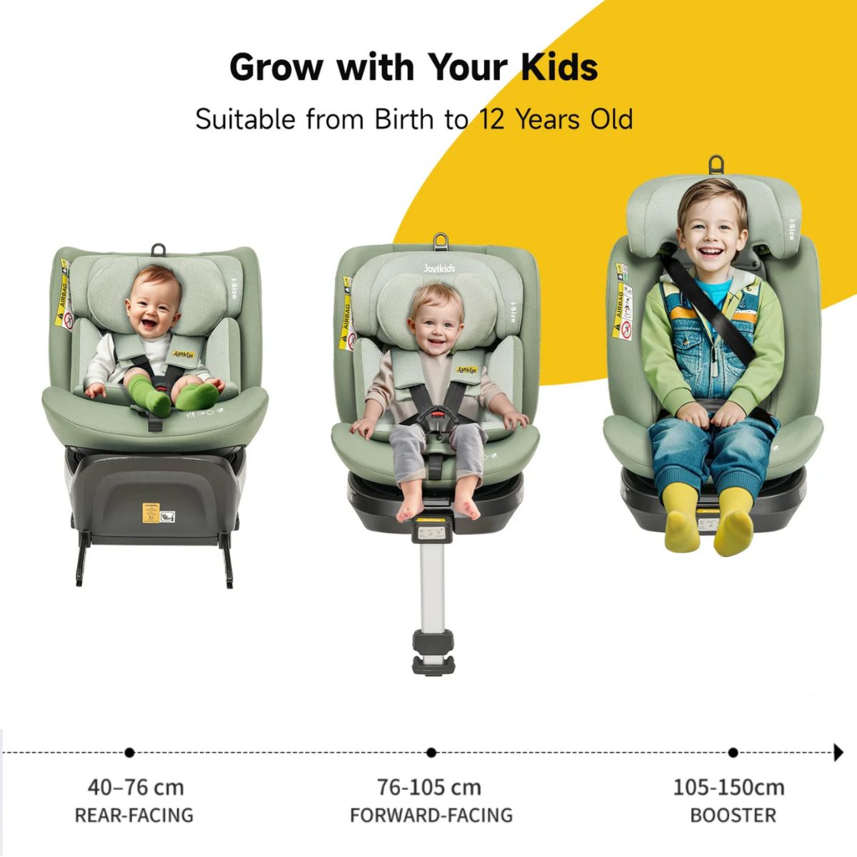 Jovikids Ranger 360° Swivel Convertible i-Size Car Seat 40-150cm – From Birth to 12 Years - Green