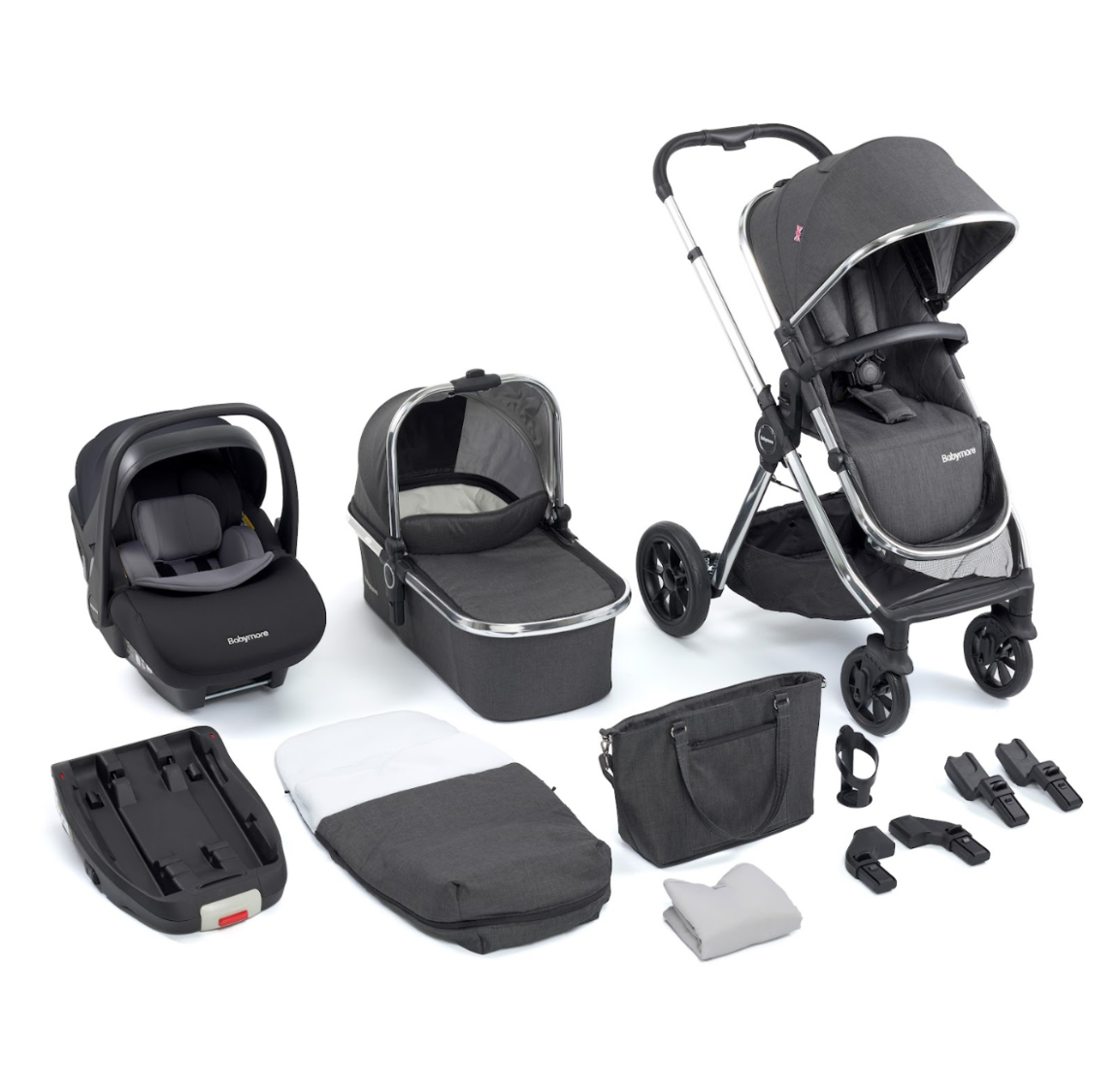 Babymore Memore V2 Travel System Pecan with ISOFIX Base - Black Chrome