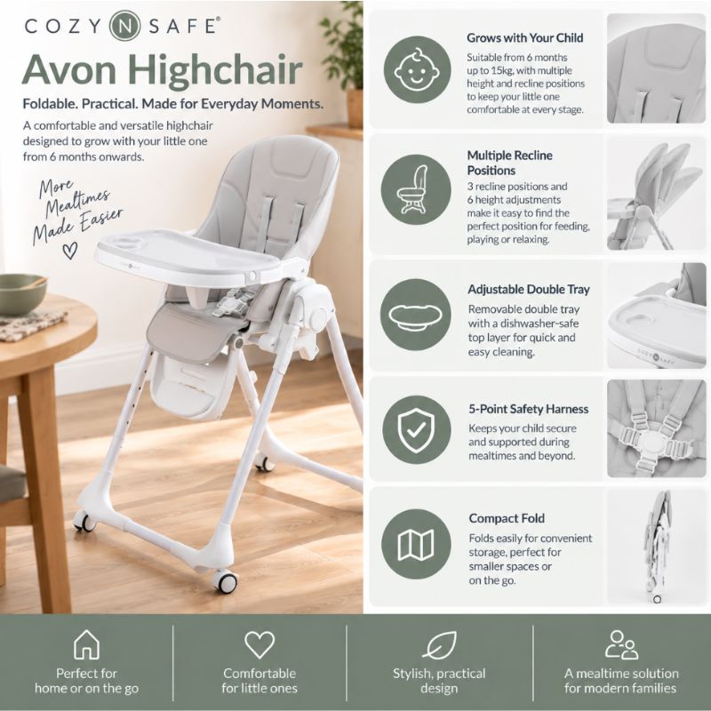 Cozy N Safe Avon Foldable Highchair | Adjustable Baby High Chair | 6–36 Months - Grey + White