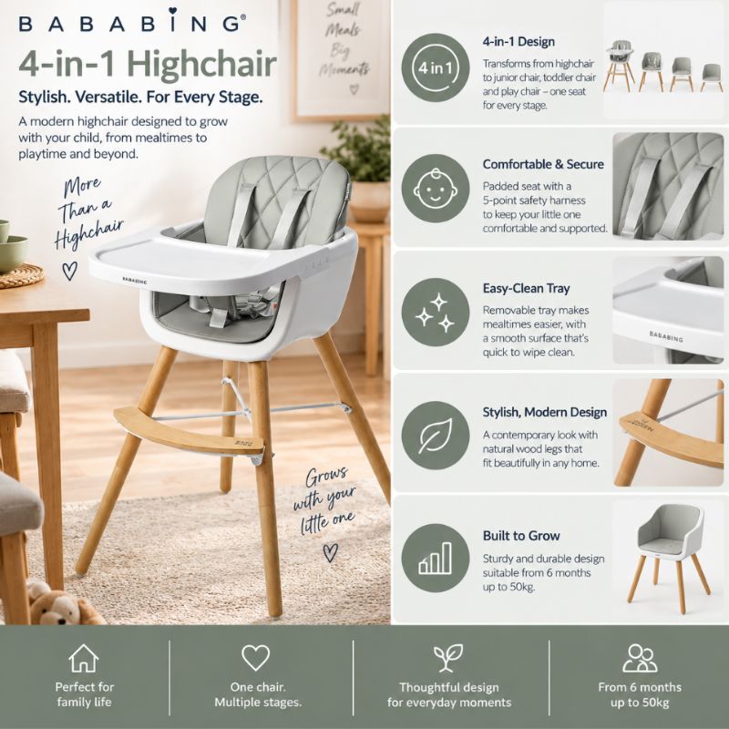 BabaBing 4-in-1 Lightweight Convertible High Chair | 6 Months–5 Years - Grey + White