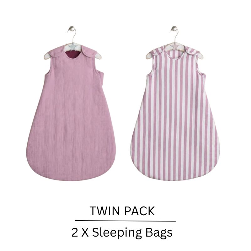 Obaby Twin Pack Muslin Baby Sleeping Bags | 2.5 Tog | 0–6 Months | Berry Print & Berry Stripe