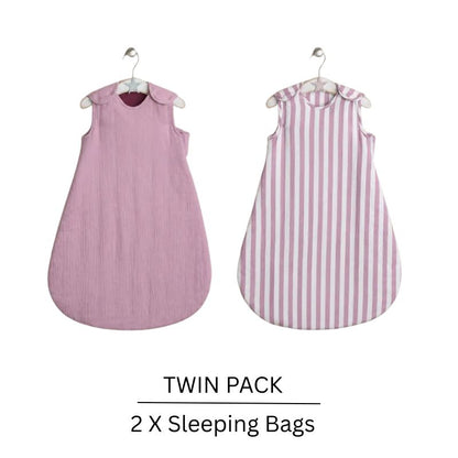 Obaby Twin Pack Muslin Baby Sleeping Bags | 2.5 Tog | 0–6 Months | Berry Print & Berry Stripe