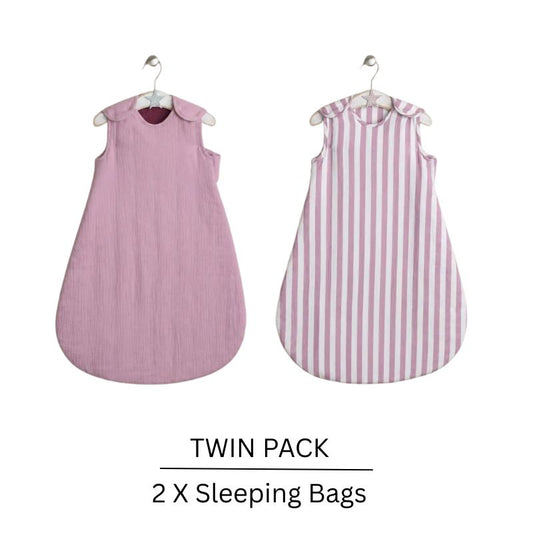 Obaby Twin Pack Muslin Baby Sleeping Bags | 2.5 Tog | 0–6 Months | Berry Print & Berry Stripe