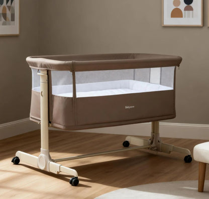 Babymore Neera Bedside Crib – Mocha | 2-in-1 Bedside Sleeper & Baby Crib with Mattress