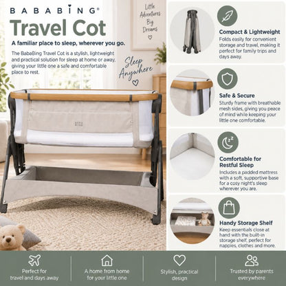 BabaBing Bedside Crib & Travel Cot | One-Click Fold | Birth to 6 Months - Oatmeal