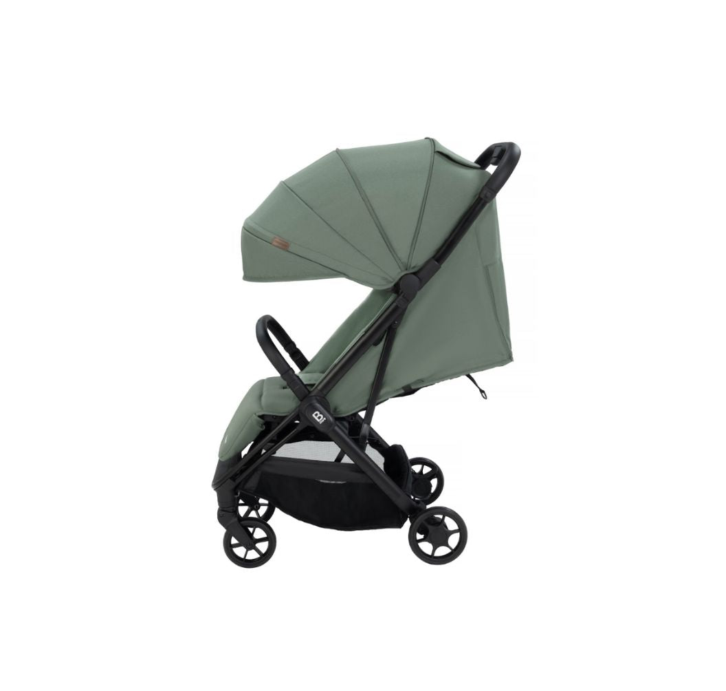 A compact stroller in sage green fabric with a black frame and wheels, shown from a three-quarters angle on a solid white background.