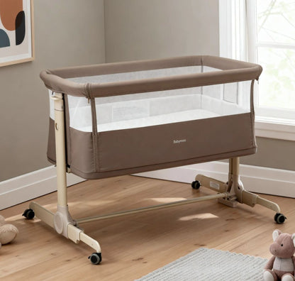 Babymore Neera Bedside Crib – Mocha | 2-in-1 Bedside Sleeper & Baby Crib with Mattress