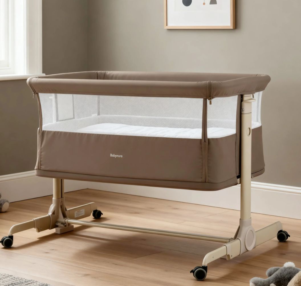 Babymore Neera Bedside Crib – Mocha | 2-in-1 Bedside Sleeper & Baby Crib with Mattress