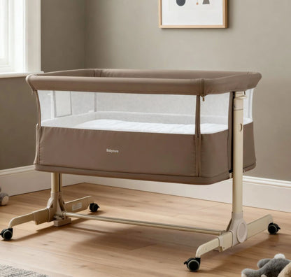 Babymore Neera Bedside Crib – Mocha | 2-in-1 Bedside Sleeper & Baby Crib with Mattress