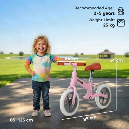 HOMCOM 12" Toddler Balance Bike | Adjustable Seat | No Pedal Training Bike | Ages 2–5 Year - Pink
