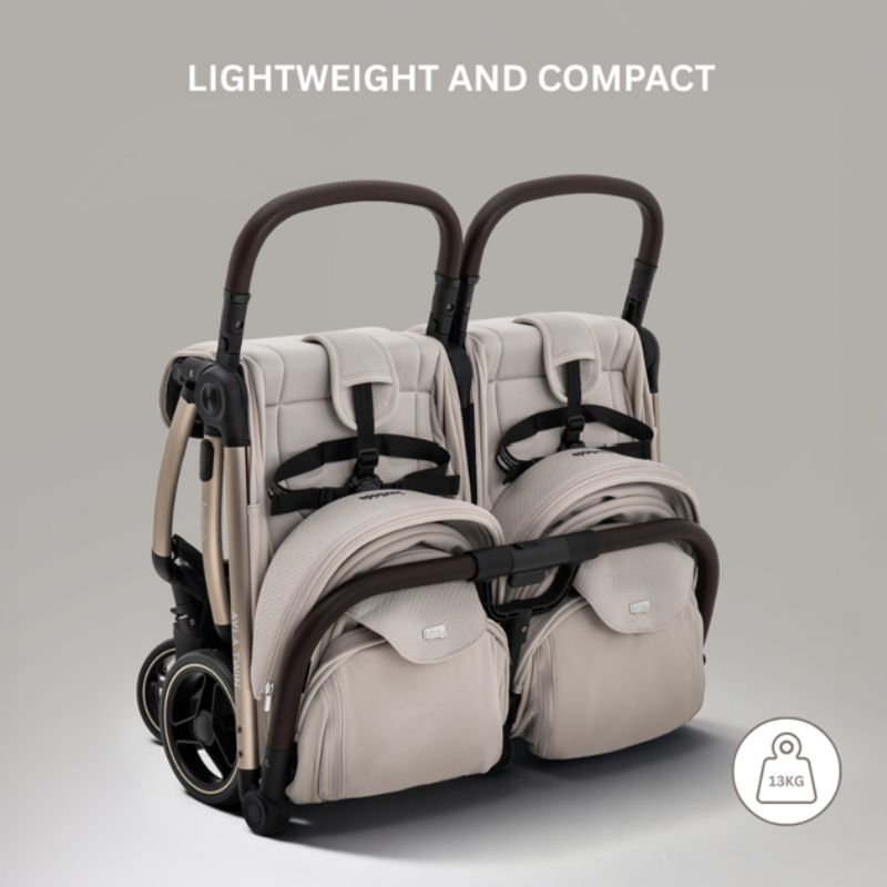 JoviKids Ayla Twin Lightweight Double Stroller | Compact Auto Fold Pushchair | Cabin Ready -Dawn Beige