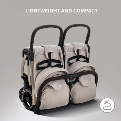 JoviKids Ayla Twin Lightweight Double Stroller | Compact Auto Fold Pushchair | Cabin Ready -Dawn Beige