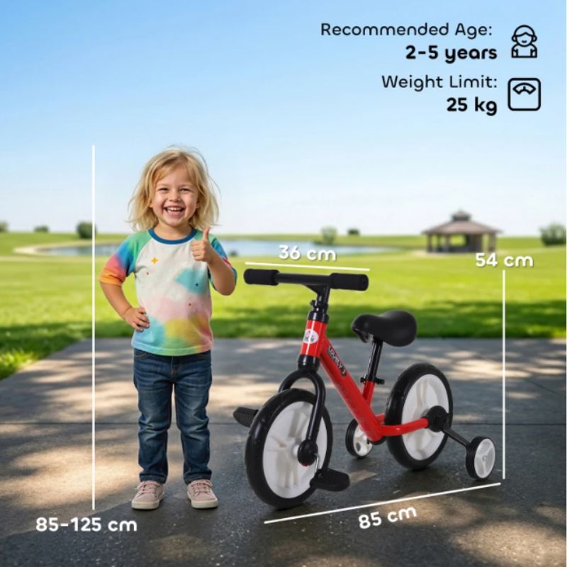 HOMCOM 2-in-1 Balance Bike with Removable Stabilisers | Adjustable Toddler Training Bike | Ages 2–5 Years - Red