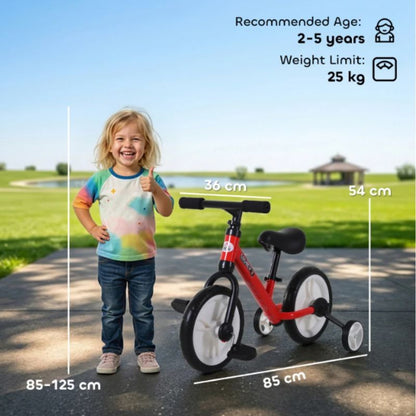 HOMCOM 2-in-1 Balance Bike with Removable Stabilisers | Adjustable Toddler Training Bike | Ages 2–5 Years - Red