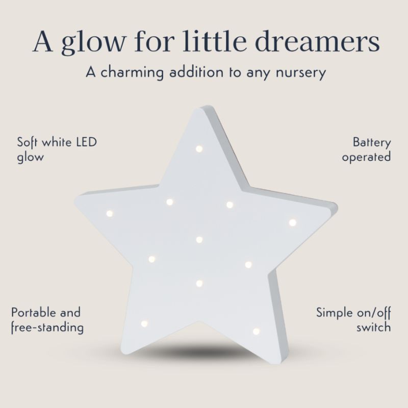 Purflo Wooden Star Nursery Night Light | Battery Operated LED Baby Room Light | White
