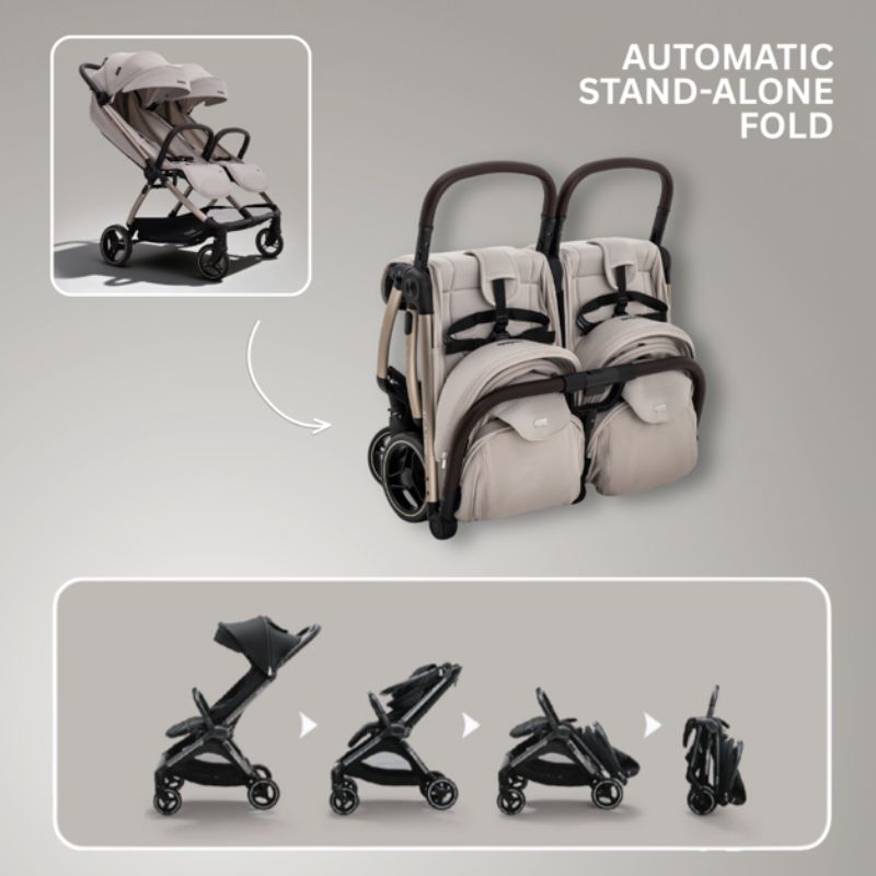 JoviKids Ayla Twin Lightweight Double Stroller | Compact Auto Fold Pushchair | Cabin Ready -Dawn Beige
