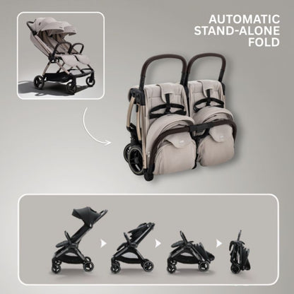 JoviKids Ayla Twin Lightweight Double Stroller | Compact Auto Fold Pushchair | Cabin Ready -Dawn Beige