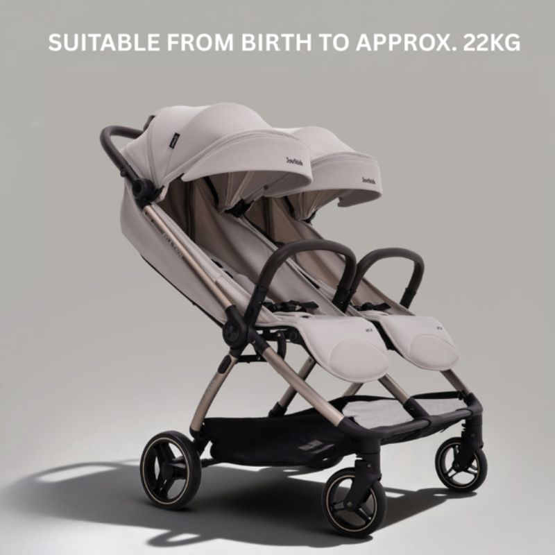 JoviKids Ayla Twin Lightweight Double Stroller | Compact Auto Fold Pushchair | Cabin Ready -Dawn Beige
