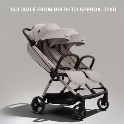 JoviKids Ayla Twin Lightweight Double Stroller | Compact Auto Fold Pushchair | Cabin Ready -Dawn Beige