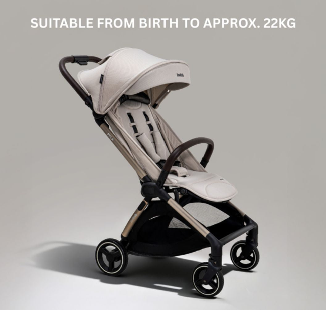 A compact stroller with a light beige canopy and seat, handlebars, and a black frame, shown on a neutral gray background with text at the top reading 'SUITABLE FROM BIRTH TO APPROX. 22KG'.