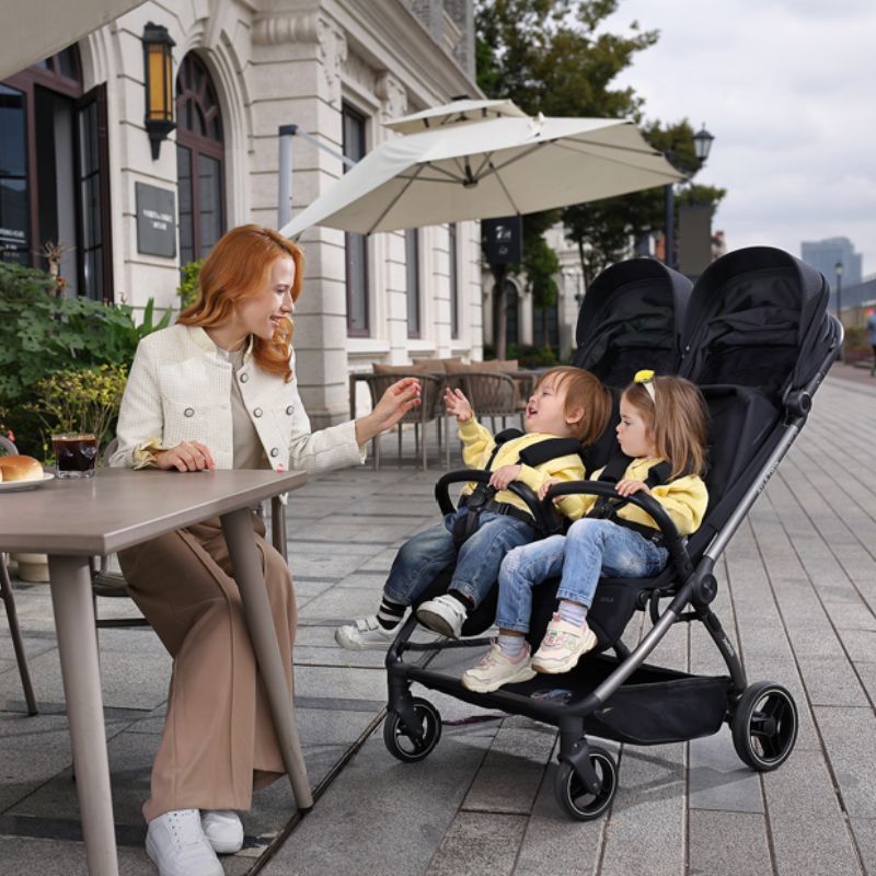 JoviKids Ayla Twin Lightweight Double Stroller | Compact Auto Fold Pushchair | Cabin Ready -Dawn Beige