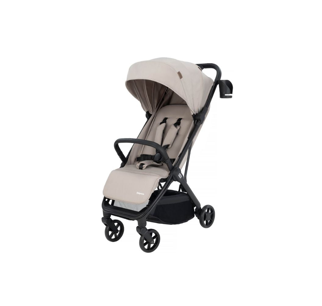 A compact stroller with a light beige (latte) canopy and seat liner, a black frame, and black wheels, shown from a three-quarters angle on a solid white background.
