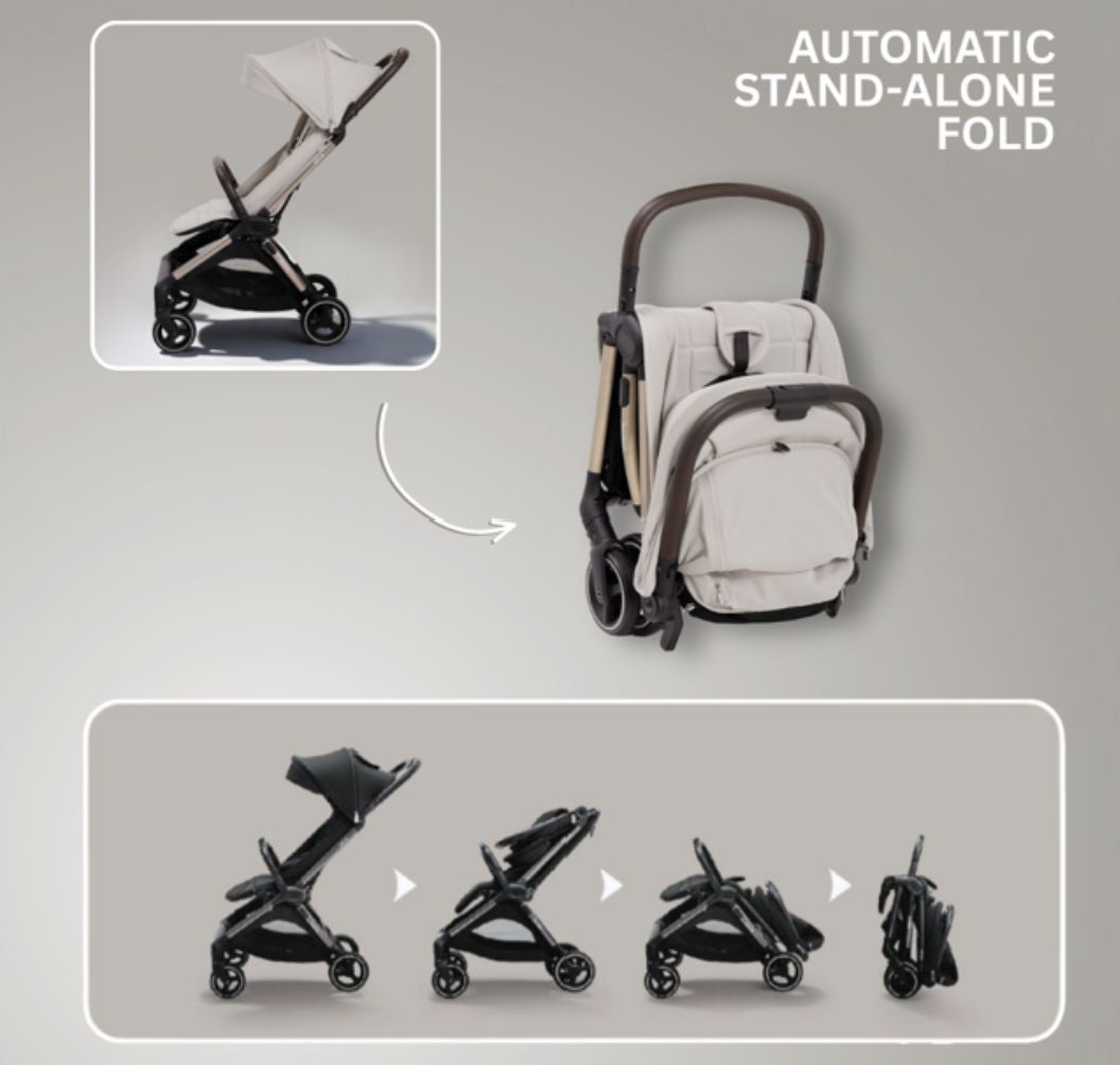 A compact stroller with a light beige canopy and seat, handlebars, and a black frame, shown on a neutral gray background with text at the top reading 'SUITABLE FROM BIRTH TO APPROX. 22KG'.
