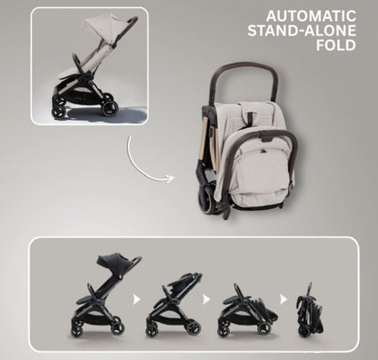 A compact stroller with a light beige canopy and seat, handlebars, and a black frame, shown on a neutral gray background with text at the top reading 'SUITABLE FROM BIRTH TO APPROX. 22KG'.
