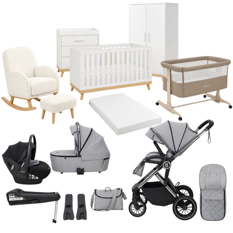 Babymore Mona White Ultimate Nursery & Travel Bundle | Chia Travel System, Pecan Car Seat & ISOFIX Base