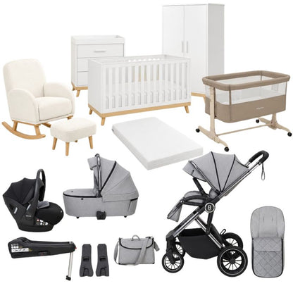 Babymore Mona White Ultimate Nursery & Travel Bundle | Chia Travel System, Pecan Car Seat & ISOFIX Base