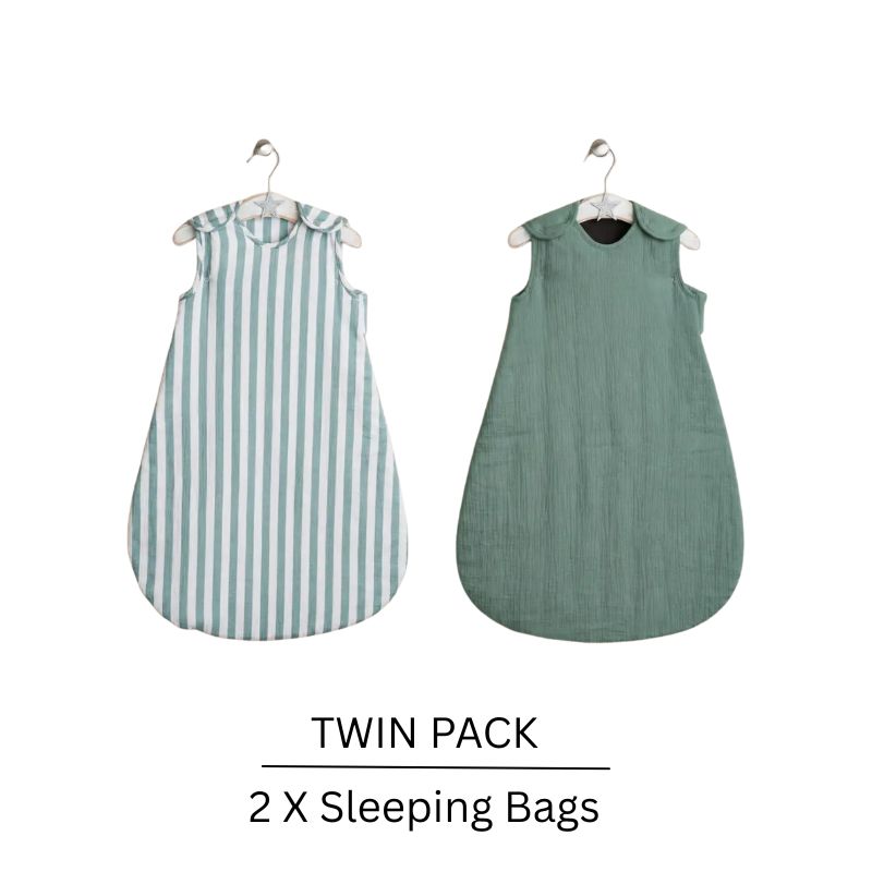 Obaby Twin Pack Muslin Baby Sleeping Bags | 2.5 Tog | 0–6 Months | Ocean Green & Ocean Green Stripe 
