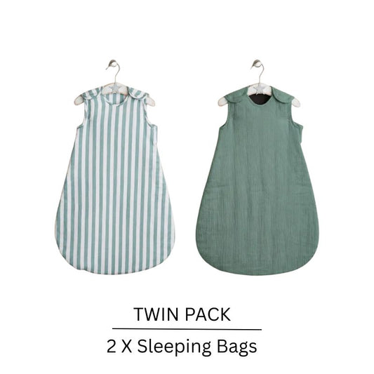 Obaby Twin Pack Muslin Baby Sleeping Bags | 2.5 Tog | 0–6 Months | Ocean Green & Ocean Green Stripe 