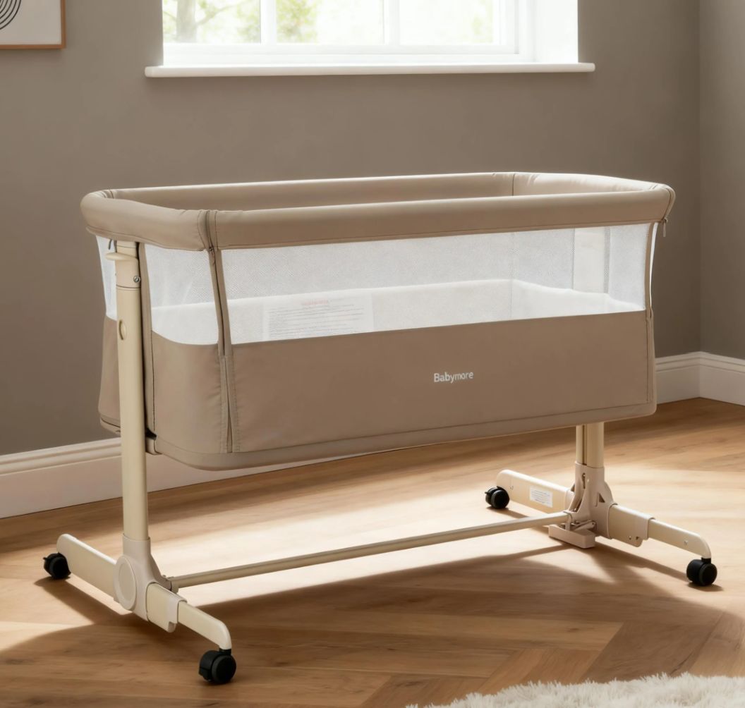 Babymore Neera Bedside Crib – Khaki | 2-in-1 Bedside Sleeper & Baby Crib with Mattress