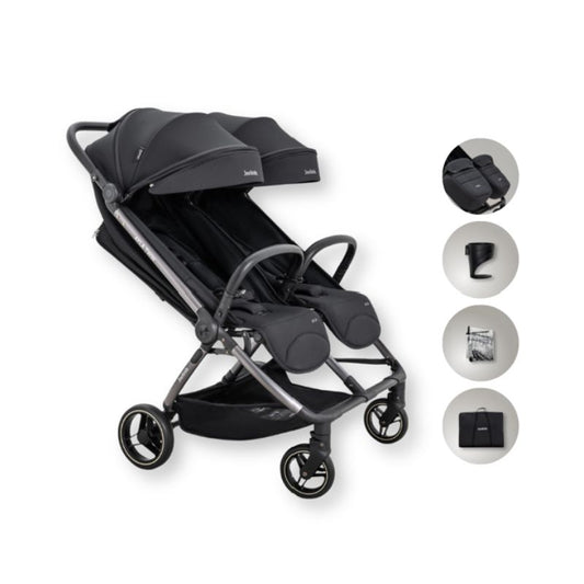 JoviKids Ayla Twin Lightweight Double Stroller | Compact Auto Fold Pushchair | Cabin Ready - Urban Black