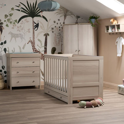 Obaby Nika 3 Piece Nursery Room Set | Cot Bed with under-Drawer, Changing Unit & Wardrobe - Aspen 