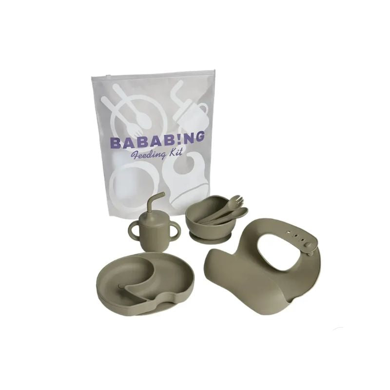 BabaBing 6-Piece Silicone Baby Weaning & Feeding Set| 6 Months+ | Olive