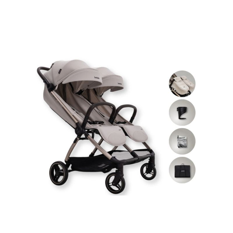 JoviKids Ayla Twin Lightweight Double Stroller | Compact Auto Fold Pushchair | Cabin Ready -Dawn Beige