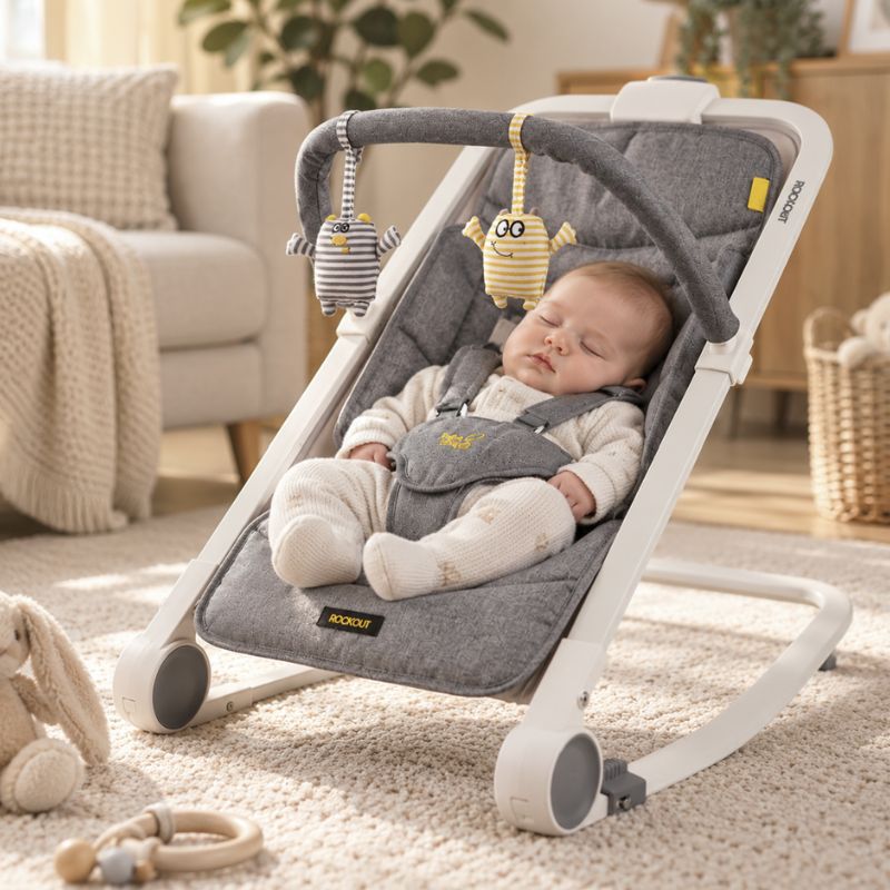 BabaBing RockOut Baby Rocker | Lightweight Fold-Flat Baby Bouncer | Birth–6 Months - Grey Melange