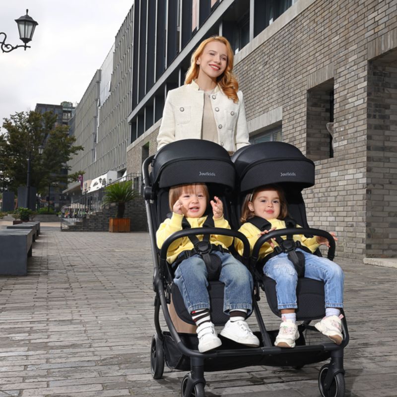 JoviKids Ayla Twin Lightweight Double Stroller | Compact Auto Fold Pushchair | Cabin Ready - Urban Black