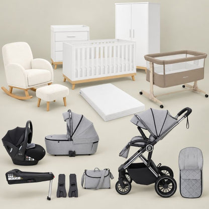 Babymore Mona White Ultimate Nursery & Travel Bundle | Chia Travel System, Pecan Car Seat & ISOFIX Base