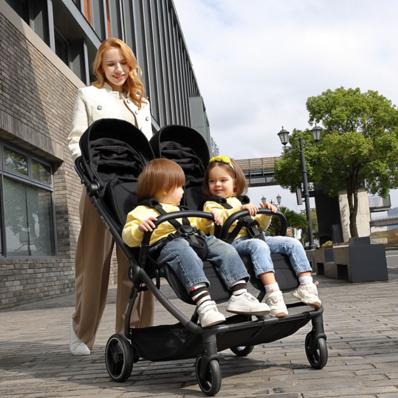 JoviKids Ayla Twin Lightweight Double Stroller | Compact Auto Fold Pushchair | Cabin Ready - Urban Black