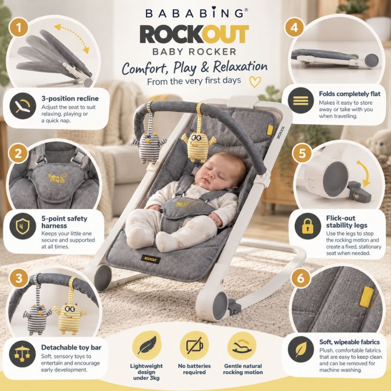 BabaBing RockOut Baby Rocker | Lightweight Fold-Flat Baby Bouncer | Birth–6 Months - Grey Melange