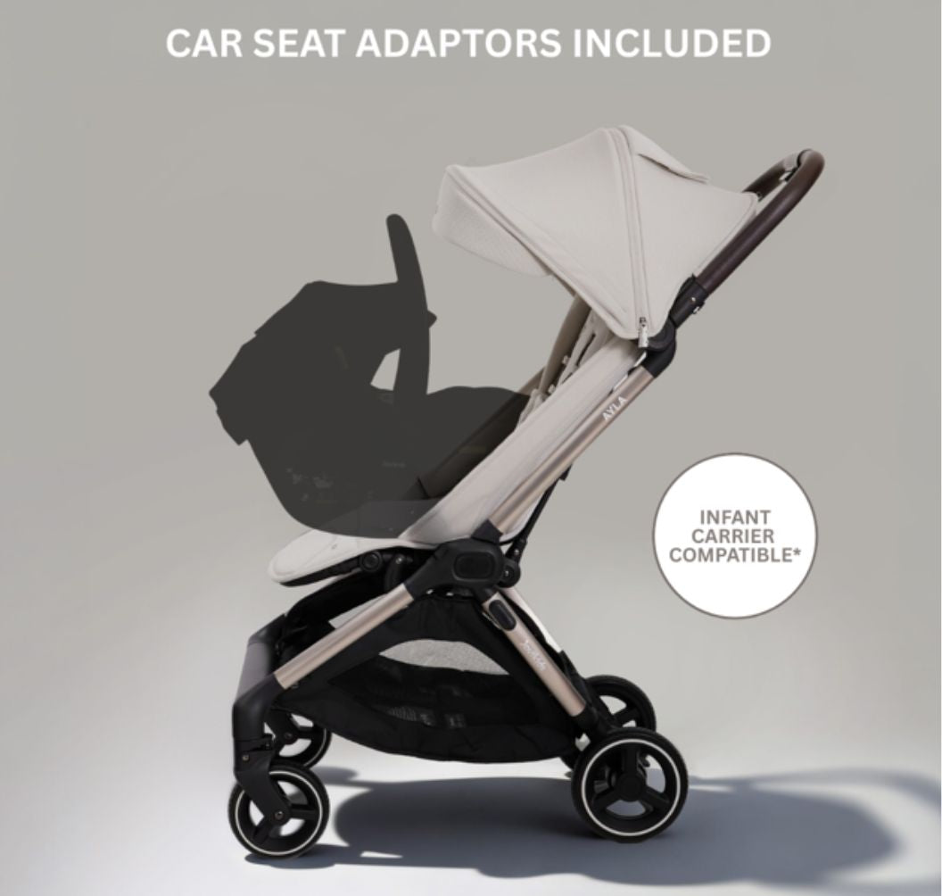 A compact stroller with a light beige canopy and seat, handlebars, and a black frame, shown on a neutral gray background with text at the top reading 'SUITABLE FROM BIRTH TO APPROX. 22KG'.