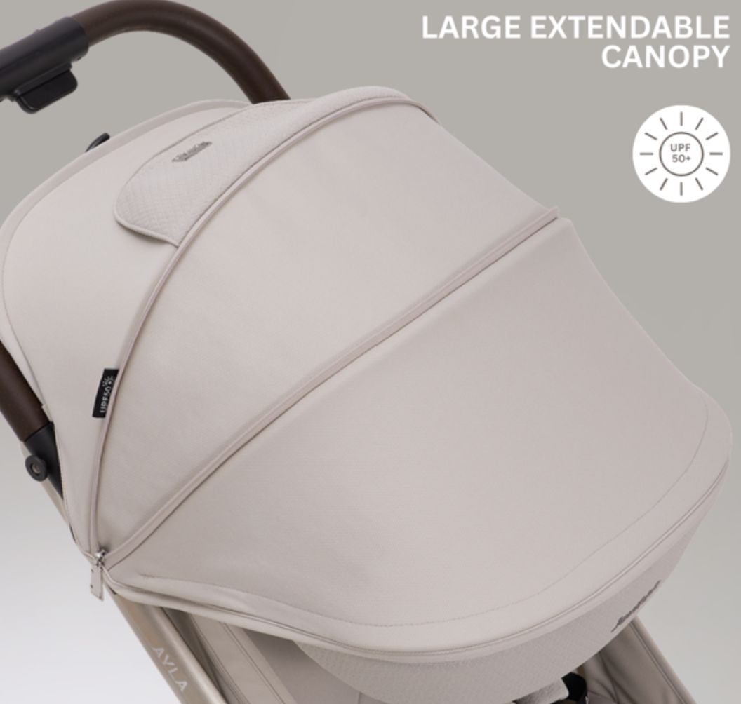 A compact stroller with a light beige canopy and seat, handlebars, and a black frame, shown on a neutral gray background with text at the top reading 'SUITABLE FROM BIRTH TO APPROX. 22KG'.