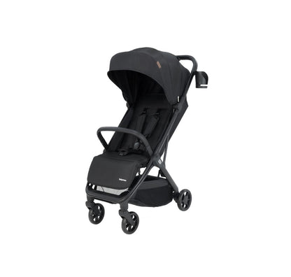 A black stroller with a matching canopy and frame, shown from a three-quarter angle against a plain white background.
