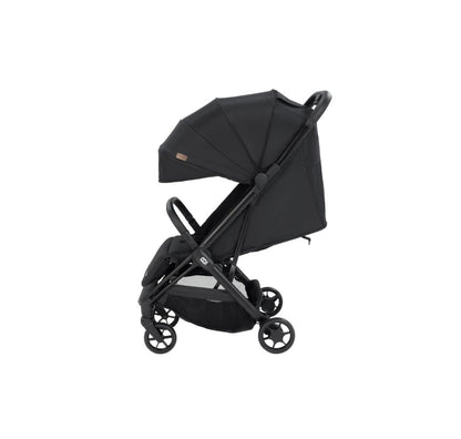 A black stroller with a matching high-arc canopy and black wheels, shown from a side-rear angle against a solid white background.