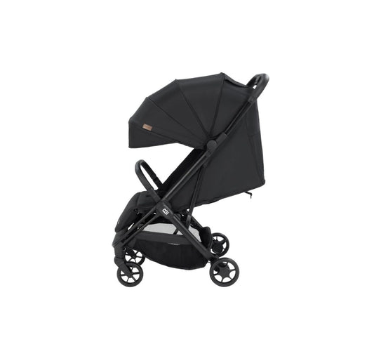 A black stroller with a matching high-arc canopy and black wheels, shown from a side-rear angle against a solid white background.