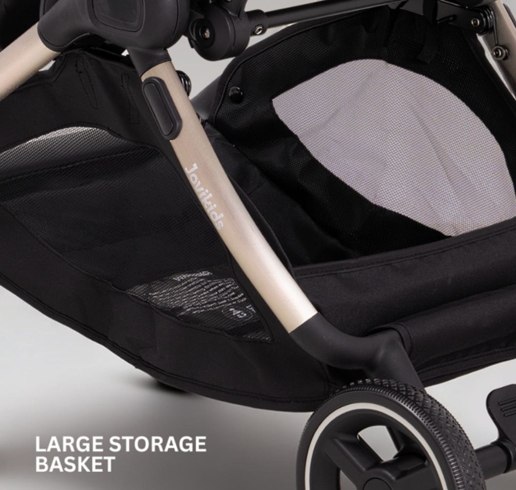 A compact stroller with a light beige canopy and seat, handlebars, and a black frame, shown on a neutral gray background with text at the top reading 'SUITABLE FROM BIRTH TO APPROX. 22KG'.